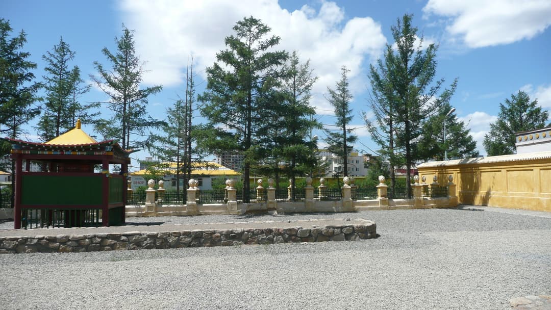 Courtyard with prayer wheel pavilion at Gandantegchinlen Monastery.