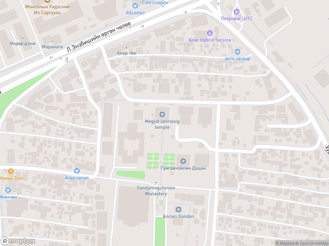 Map showing Gandantegchinlen Monastery and surrounding area