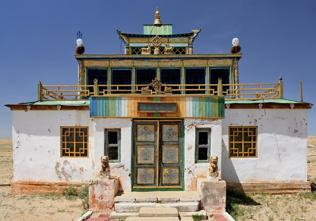 Front entrance of a traditional Buddhist temple at Khamarin Hiid.