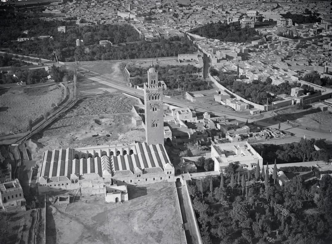 Historic aerial view of the Koutoubia Mosque and Marrakesh medina