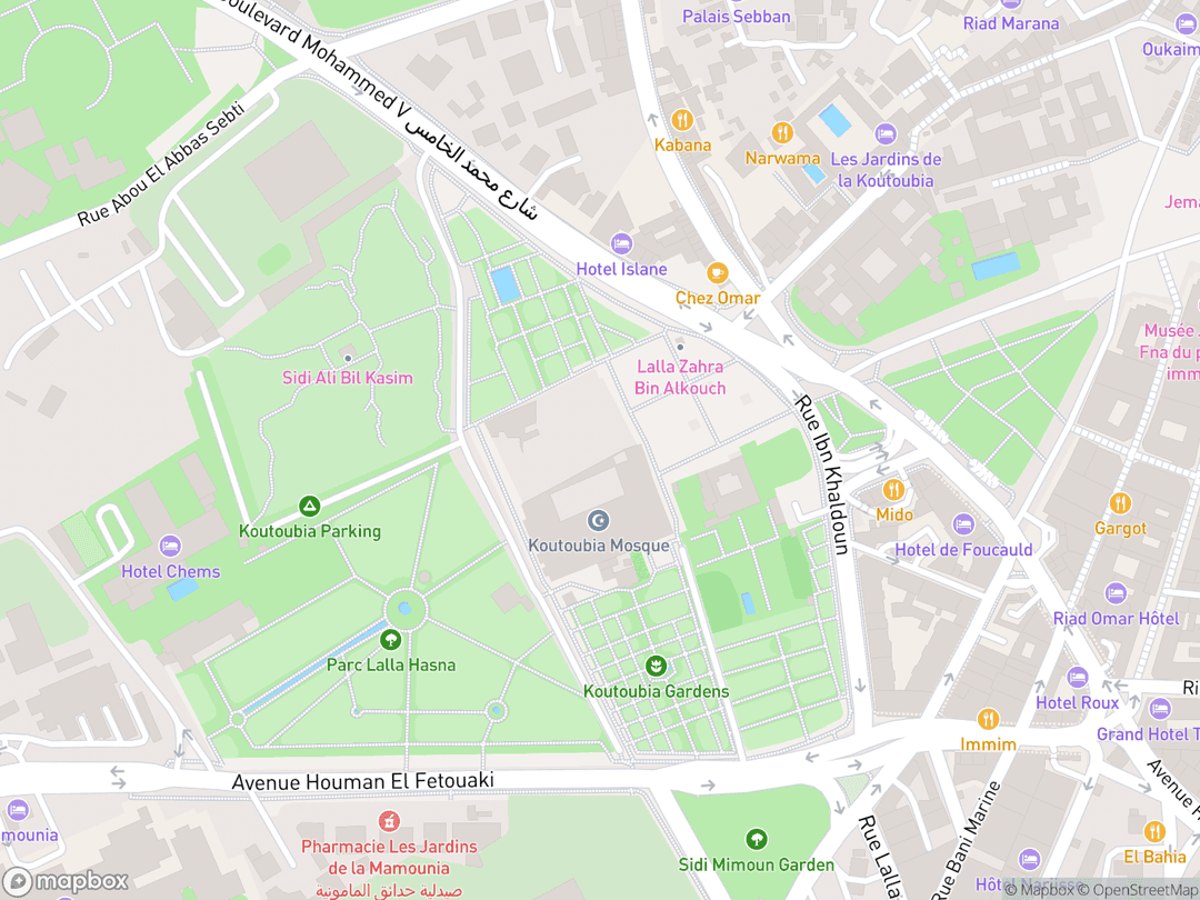 Map showing Koutoubia Mosque and surrounding area