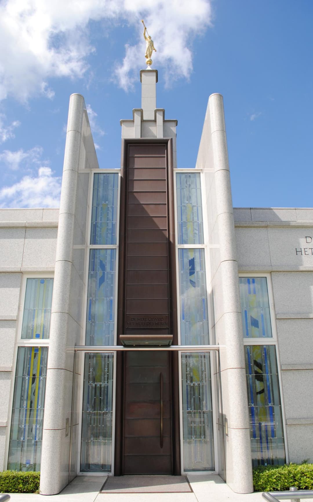 Front entrance and spire of The Hague Netherlands Temple.