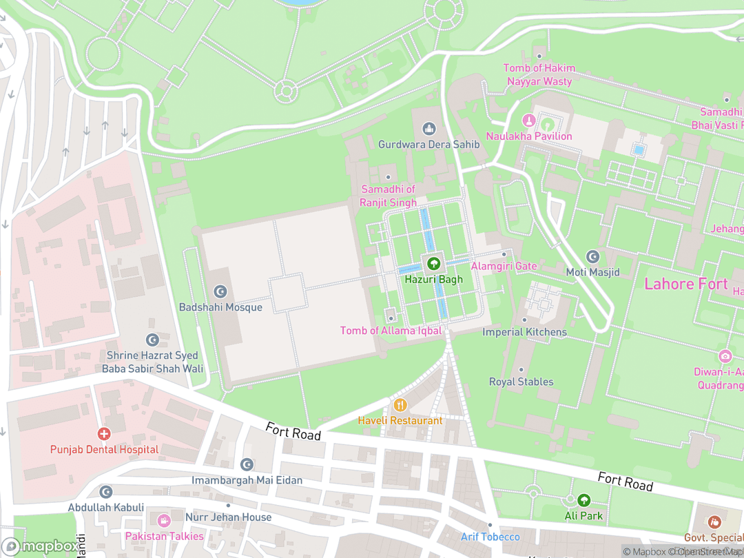 Map showing Badshahi Mosque and surrounding area