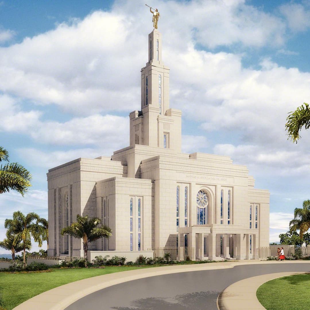 Panama City Panama Temple exterior, front and side, with spire and grounds.