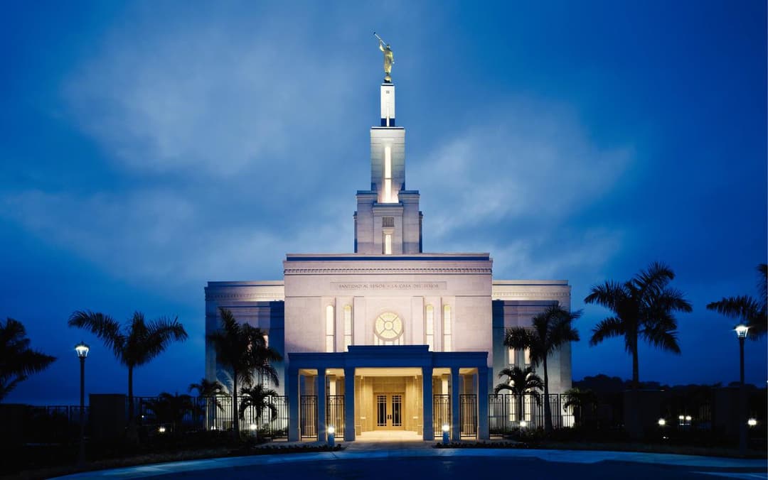 Panama City Panama Temple at twilight, front view with Angel Moroni.