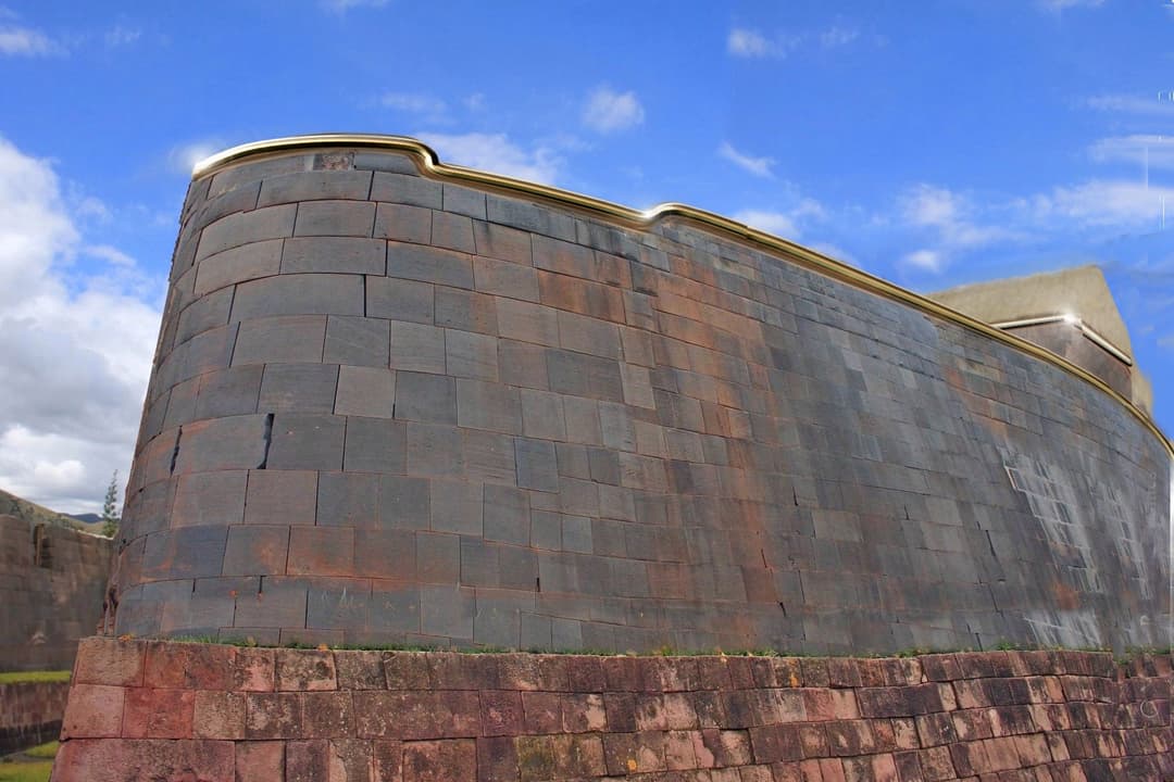 Curved exterior wall of Qorikancha with reconstructed gold band