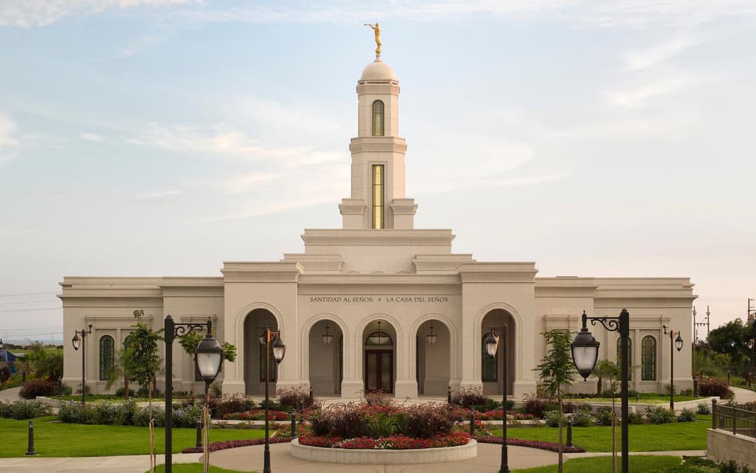 Symmetrical front view of the Trujillo Peru Temple and its gardens.