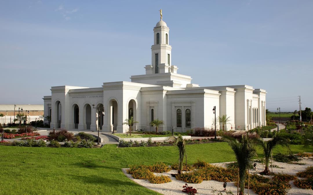 Exterior view of the Trujillo Peru Temple and manicured gardens.