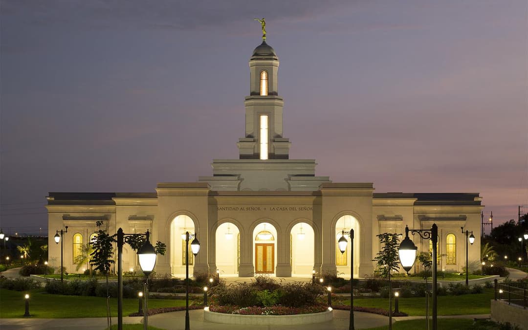Front view of the Trujillo Peru Temple at twilight.