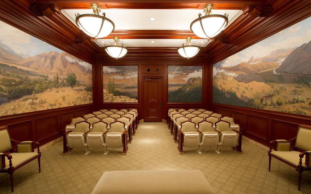 Instruction room with landscape murals inside the Trujillo Peru Temple.