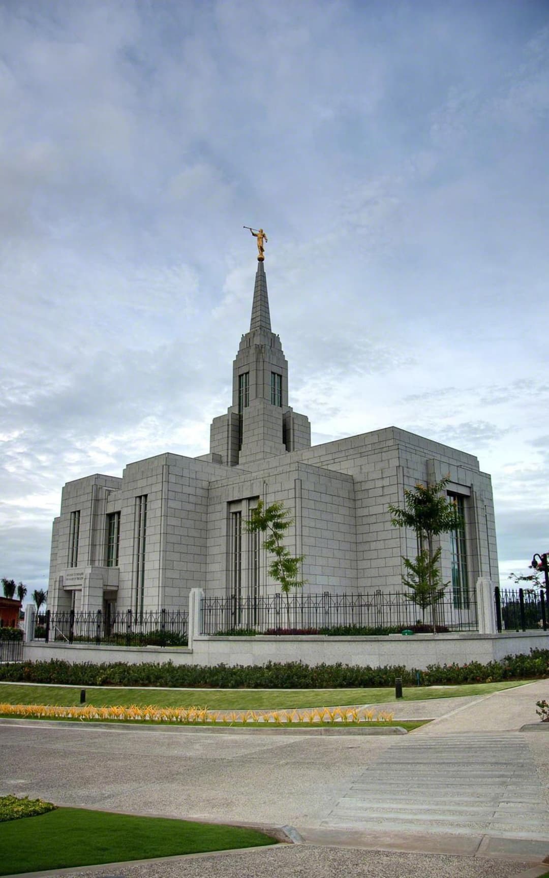 Low-angle exterior of the Cebu City Philippines Temple and its central spire.