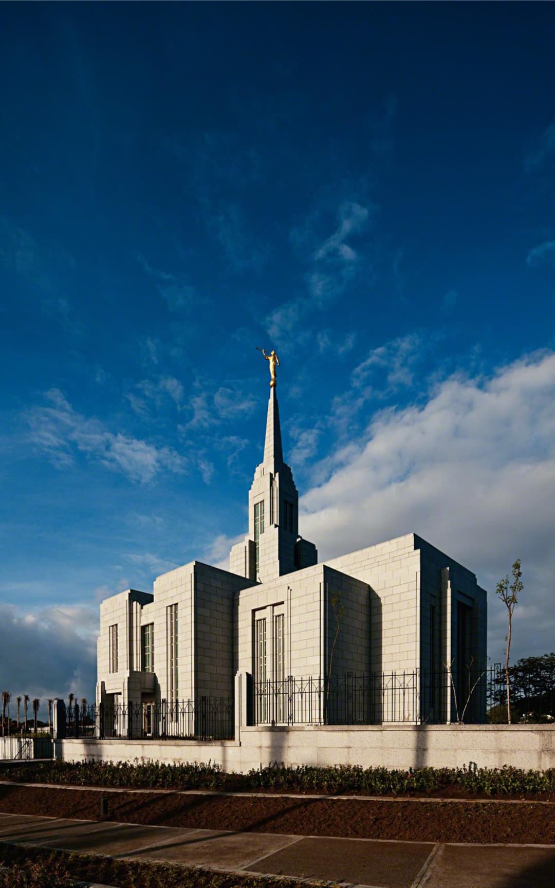 Low-angle daytime view of the Cebu City Philippines Temple and spire.