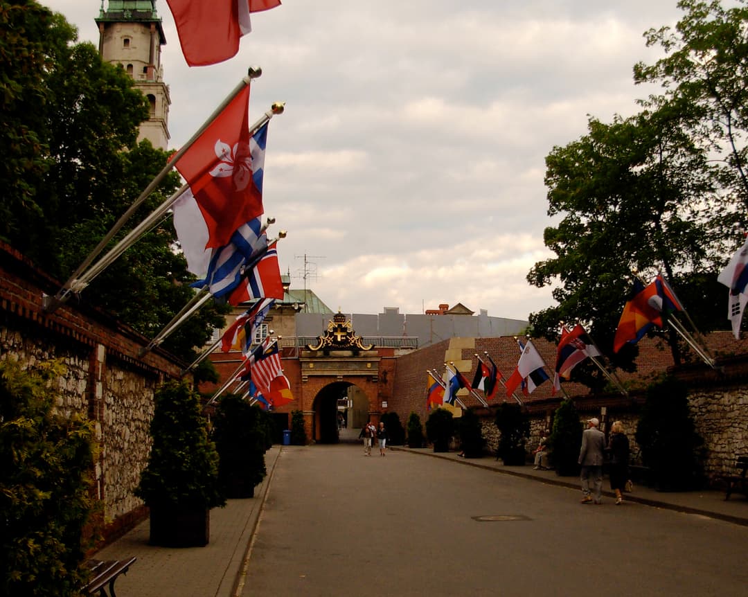 Flag-lined path leading to the Lubomirski Gate at Jasna Góra