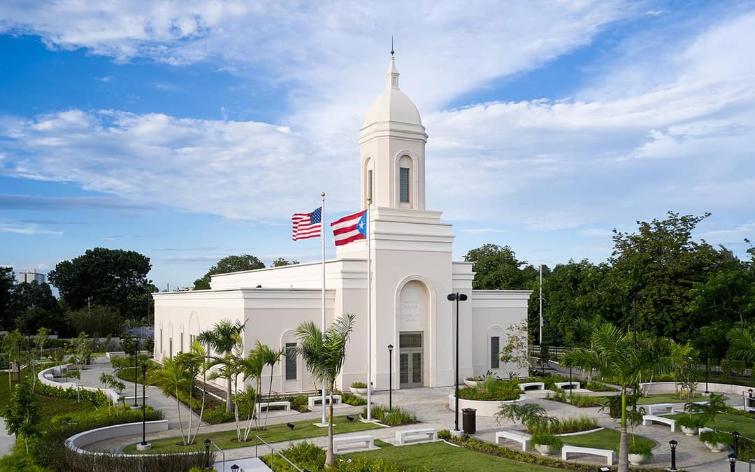 Exterior view of the San Juan Puerto Rico Temple and landscaped grounds.