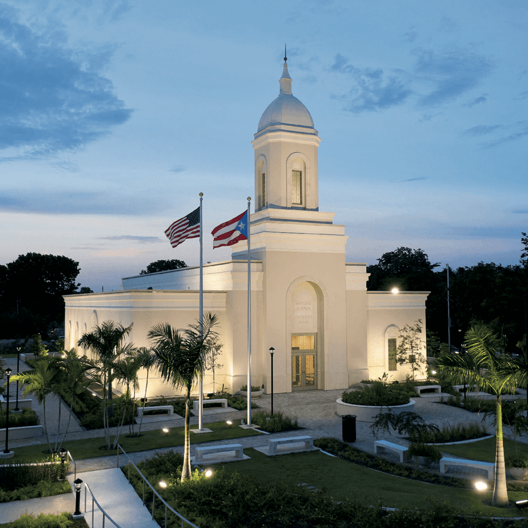 Exterior view of the San Juan Puerto Rico Temple and grounds at twilight.