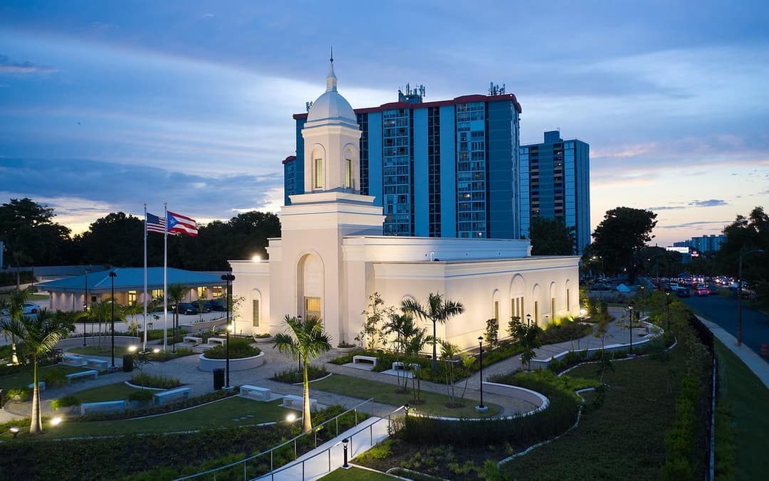 Exterior view of the San Juan Puerto Rico Temple and grounds at twilight.