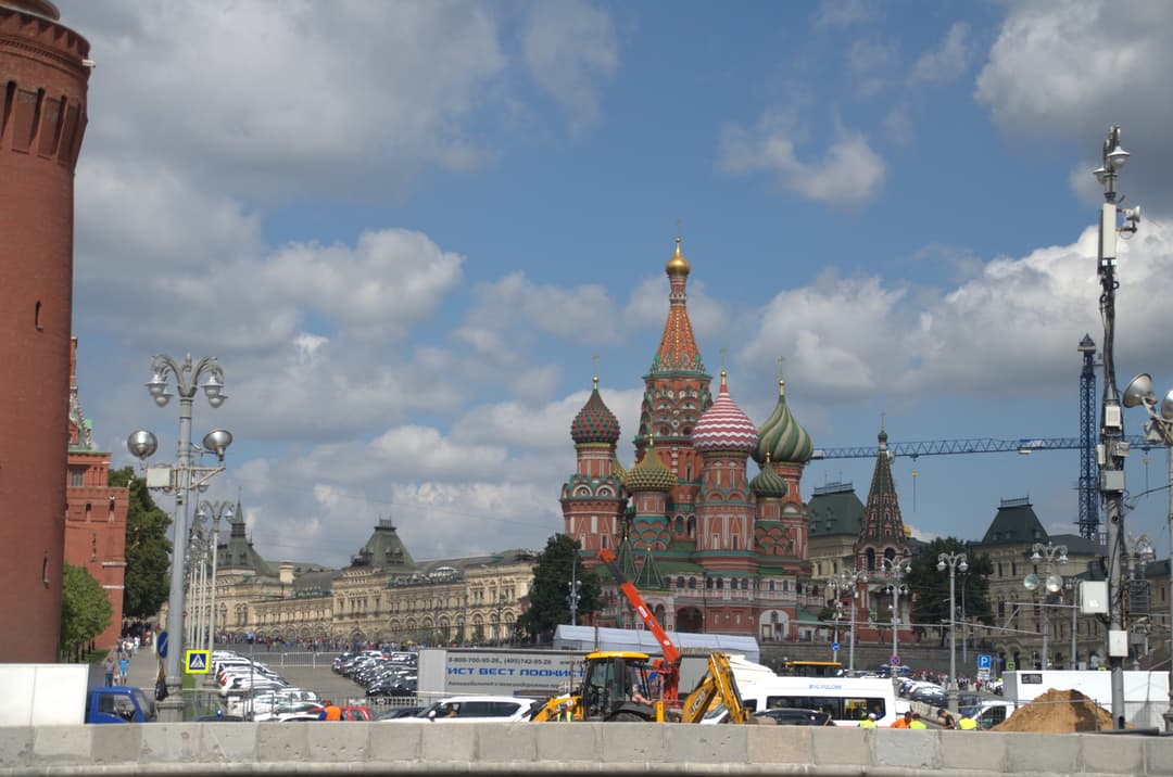 View of Saint Basil's Cathedral and Kremlin tower across Vasilyevsky Spusk