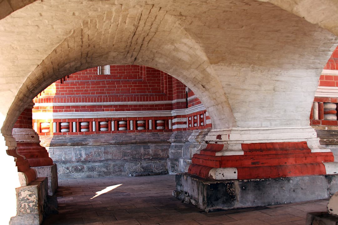 Arched gallery and decorative brickwork at Saint Basil's Cathedral