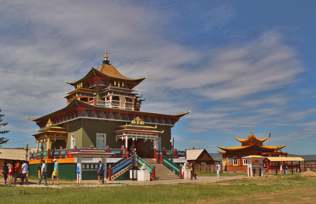 Exterior view of the tiered dugan and temple grounds at Ivolginsky Datsan.