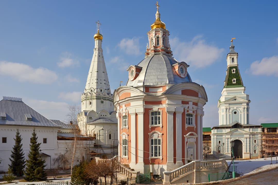 Smolensk Church and tent-roofed towers at Trinity Lavra of St. Sergius