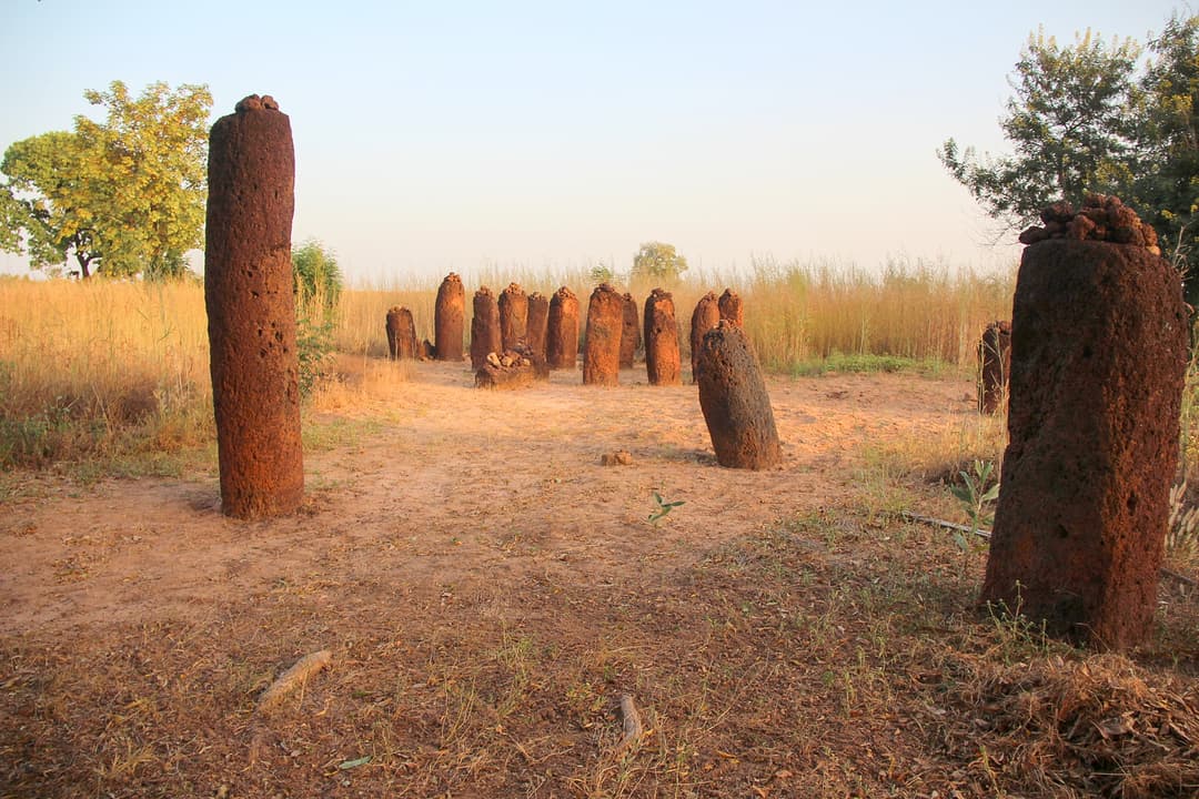 Laterite stone circle at Sine Ngayène in late afternoon light