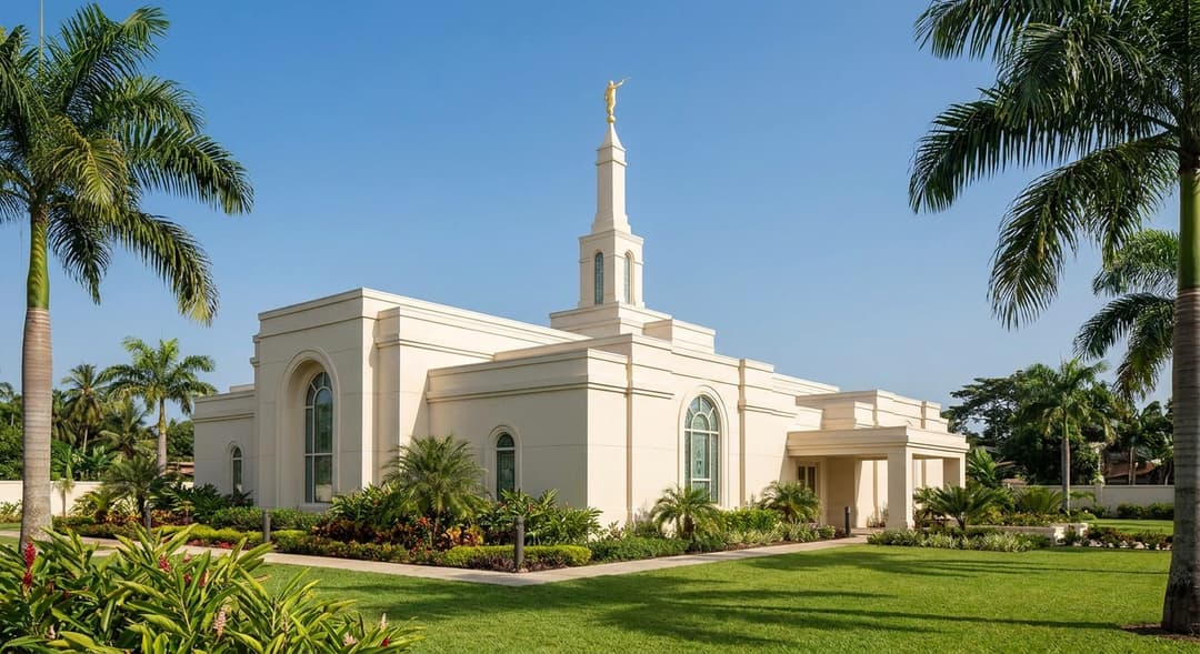 A side-angle view of the temple showing the cream-colored exterior and landscaping.