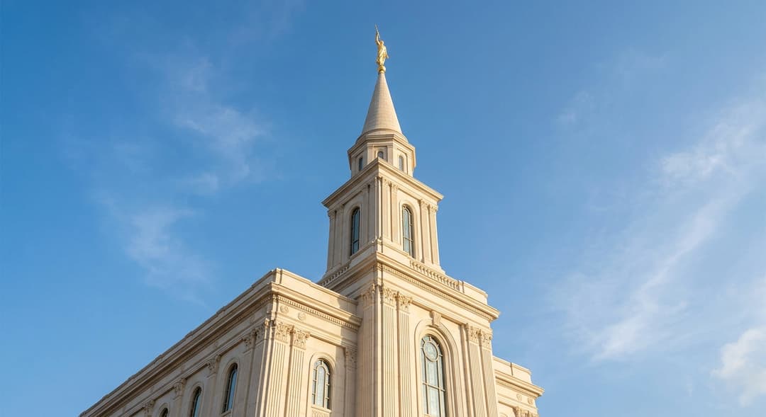 A close-up of the single attached central tower against a clear sky.
