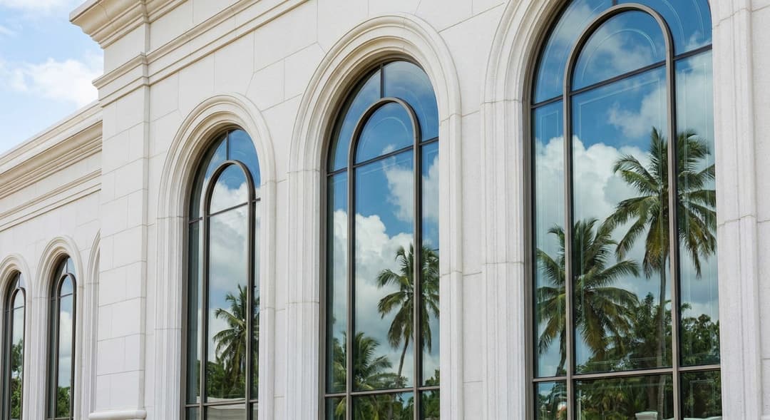 Detailed view of the arched windows along the front facade.