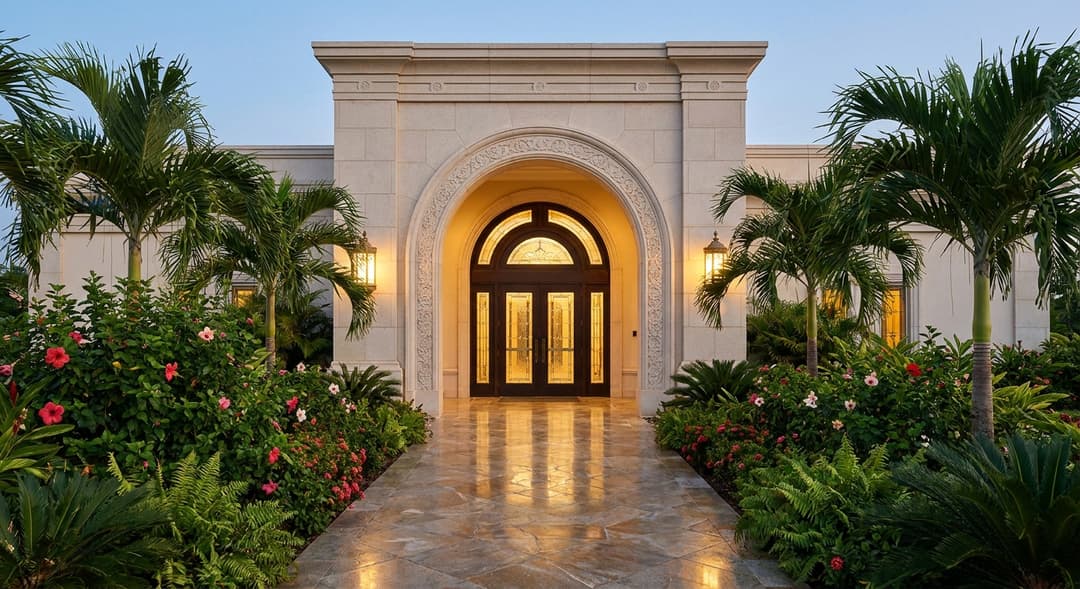 The main archway and front entrance doors leading into the temple.
