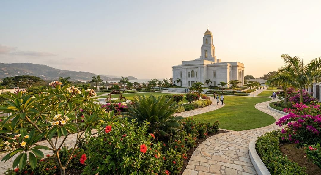 Beautifully landscaped gardens and grounds surrounding the temple.