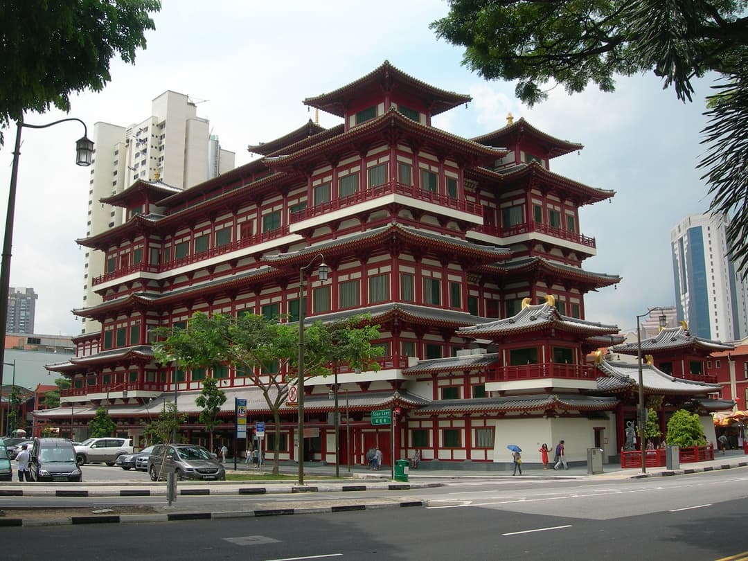Daytime exterior view of the Buddha Tooth Relic Temple from street level.