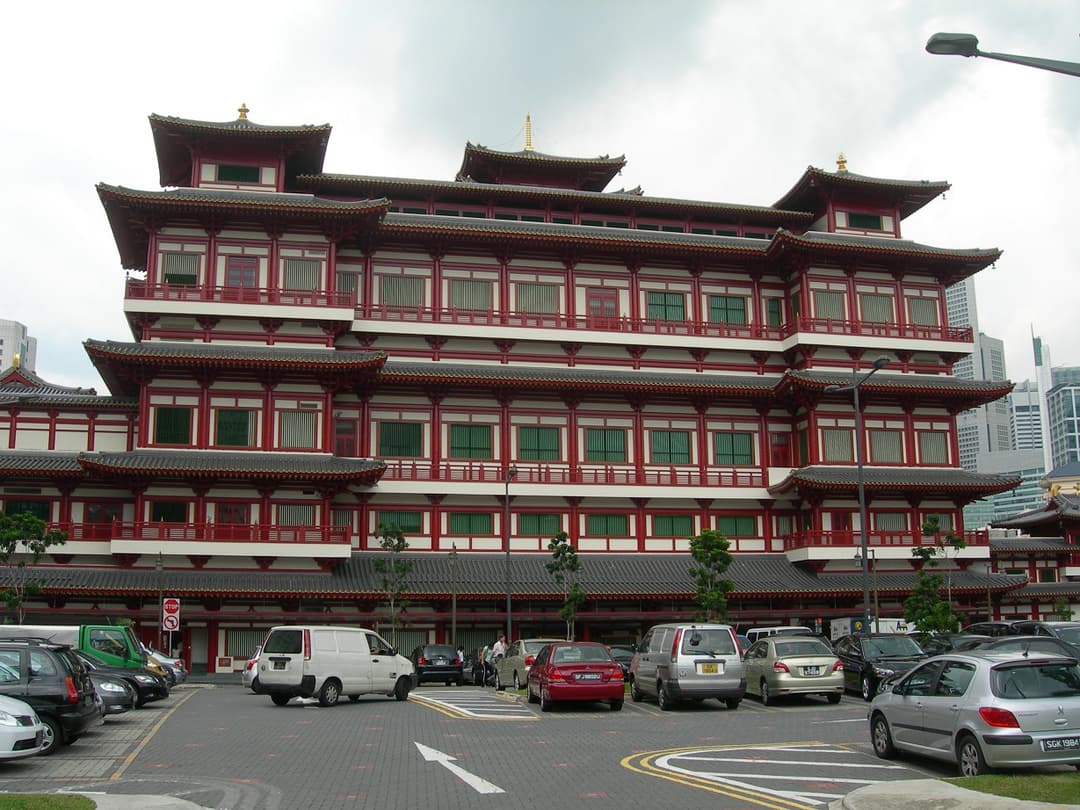 Exterior side view of the Buddha Tooth Relic Temple from the carpark.