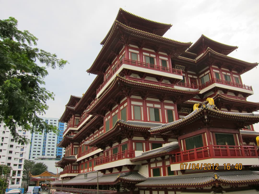 Low-angle daytime view of the temple's multi-tiered red facade.