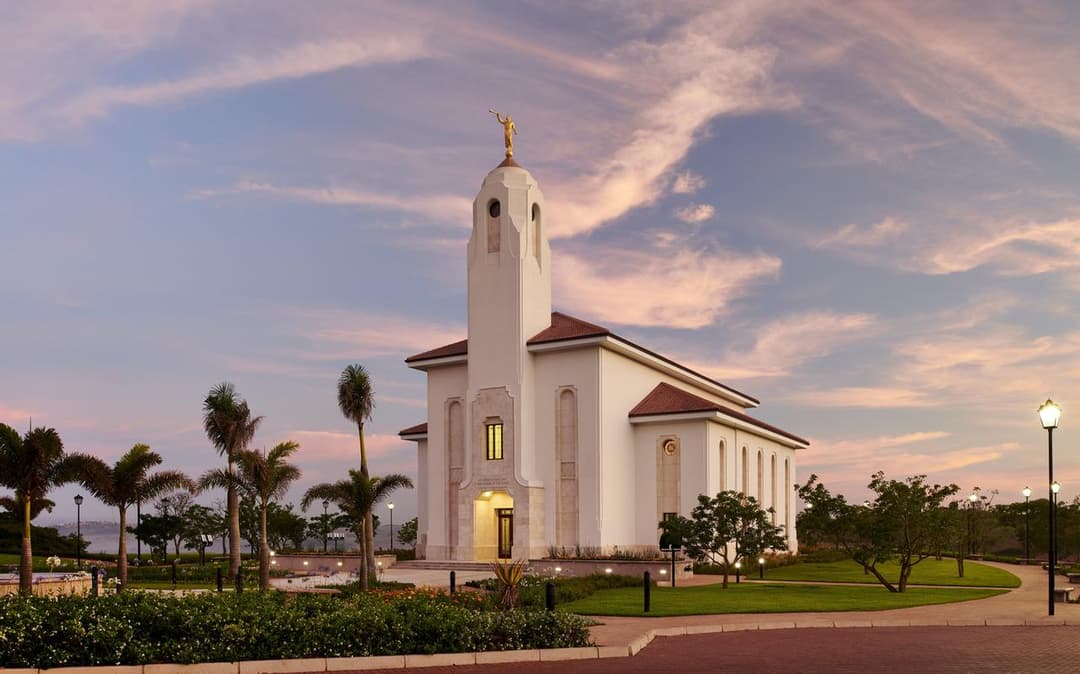 Durban South Africa Temple exterior at twilight, with Angel Moroni.