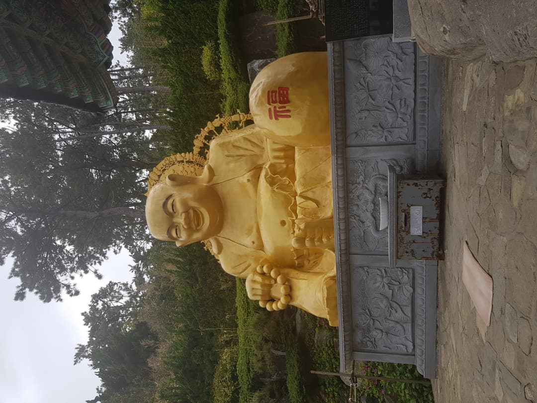 Golden Laughing Buddha statue seated on a stone pedestal at Haedong Yonggungsa.