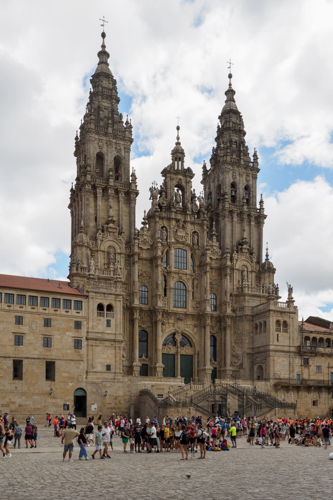 Baroque Obradoiro facade and twin spires from Praza do Obradoiro