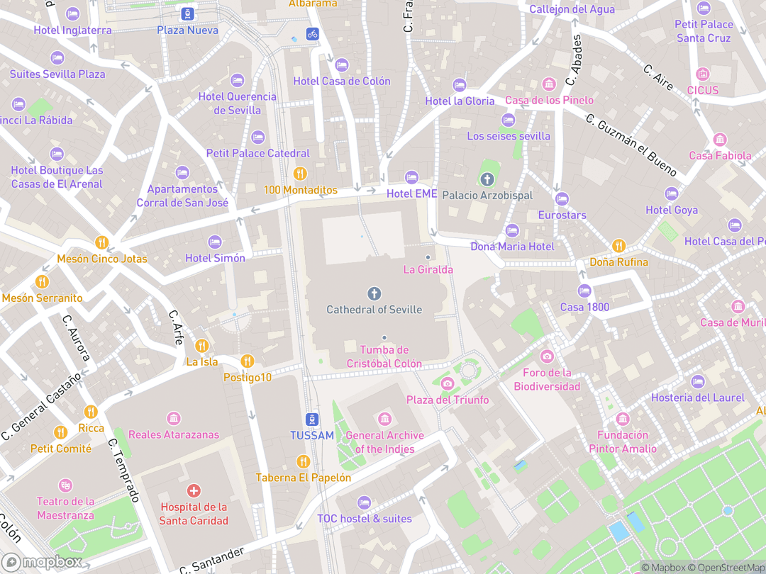 Map showing Seville Cathedral and surrounding area