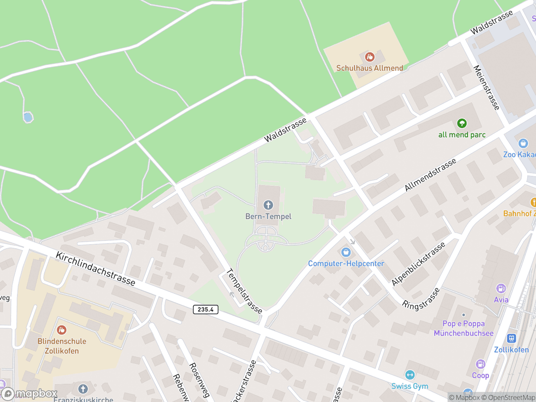 Map showing Bern Switzerland Temple and surrounding area