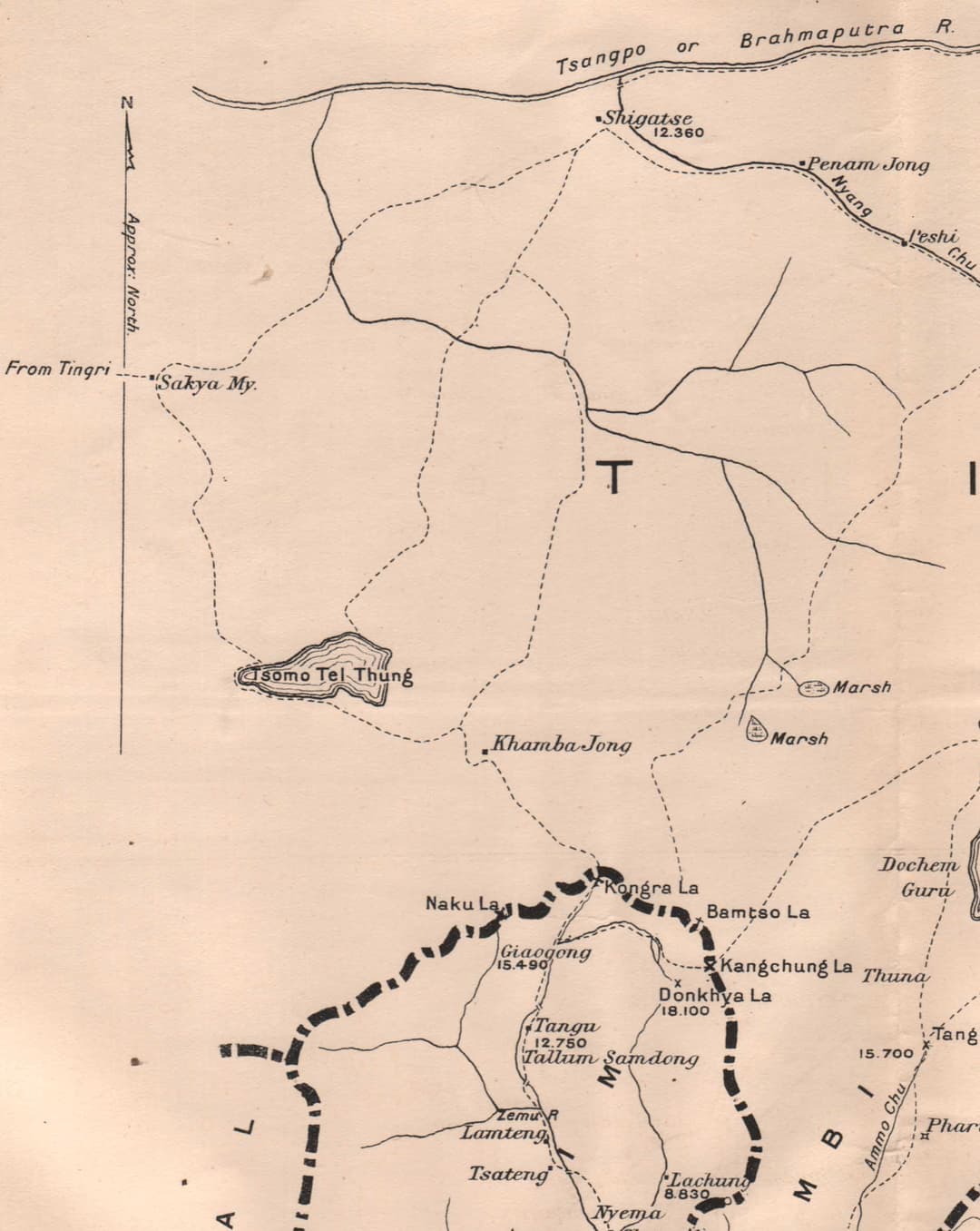 Archival map showing the regional location of Sakya Monastery in Tibet.