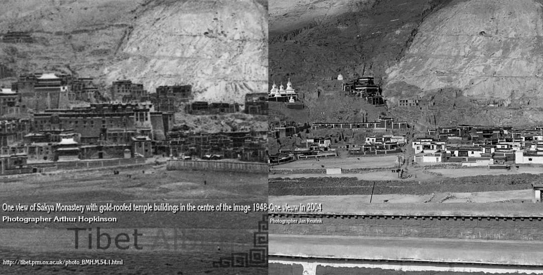 Comparative view of Northern Sakya Monastery in 1948 and 2004.