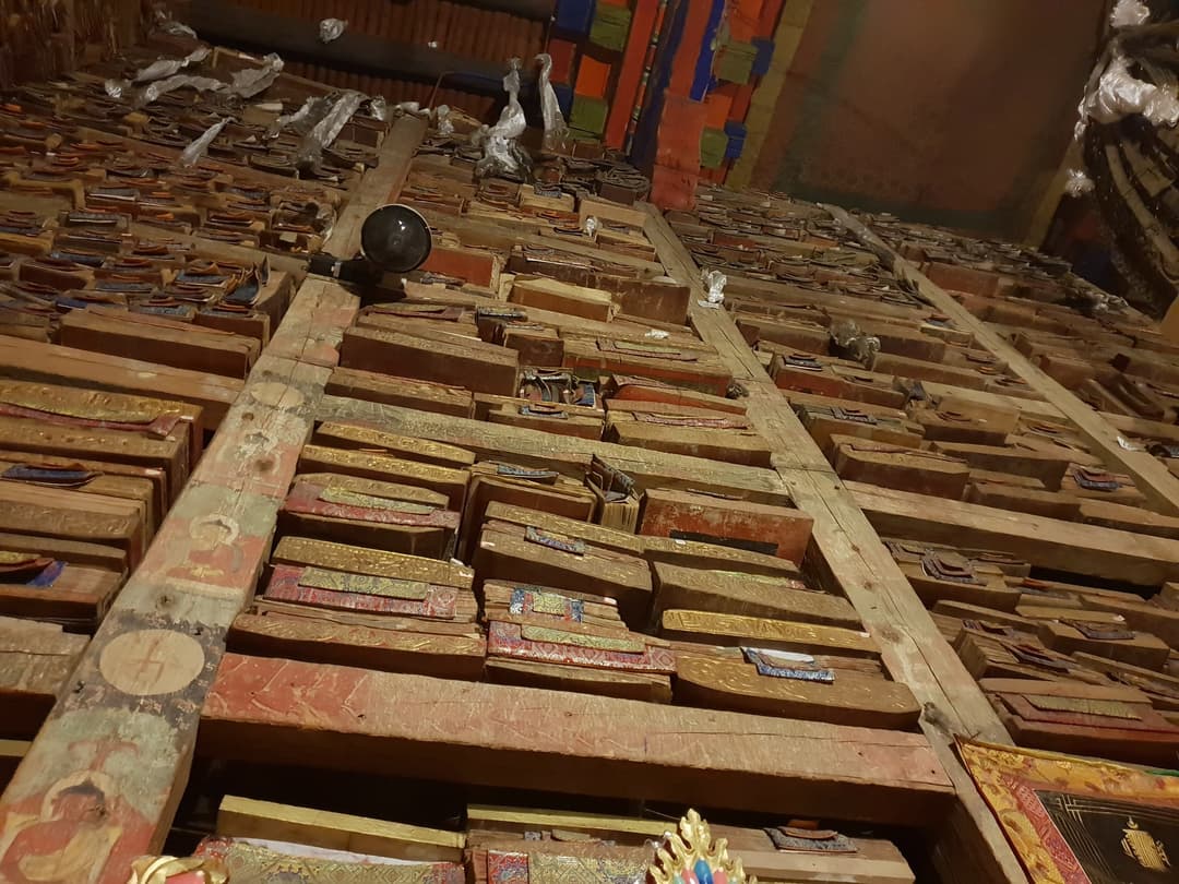 Interior view of the ancient scripture wall at Sakya Monastery