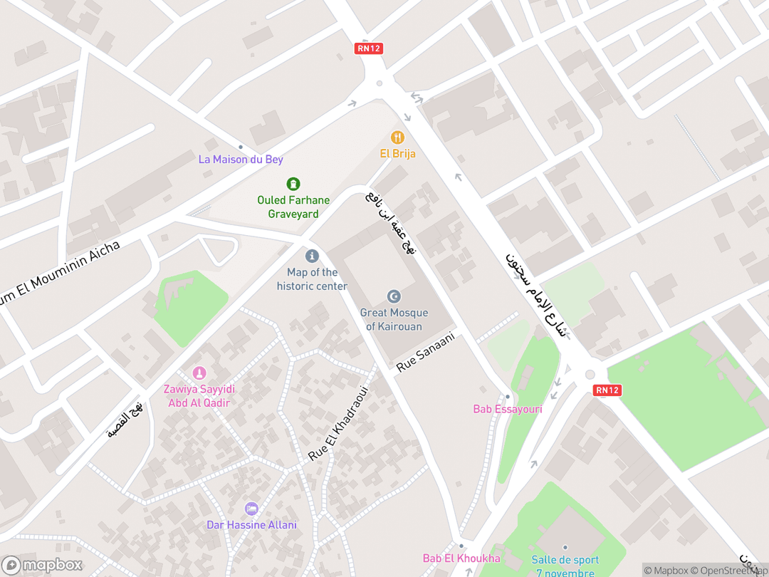 Map showing Great Mosque of Kairouan and surrounding area