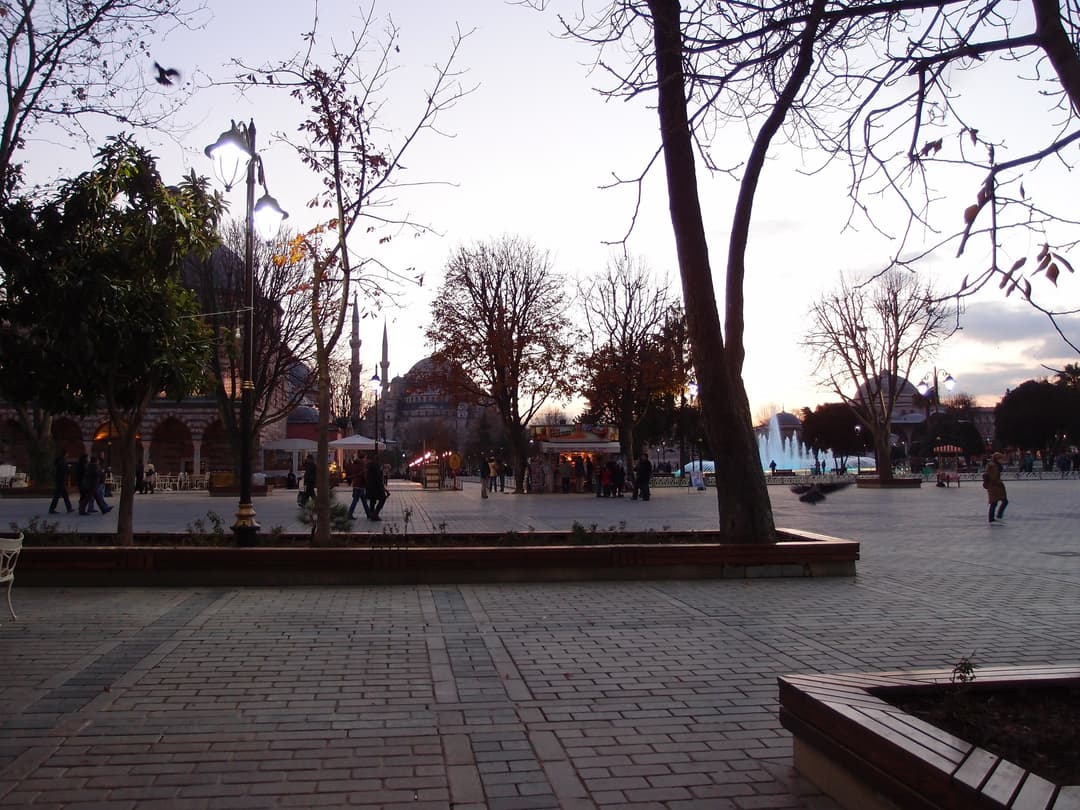 ブルーモスクの外観、カスケード状のドームとミナレットを紹介。