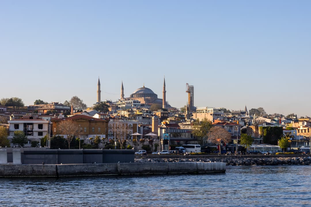 Distant view of Hagia Sophia rising above the Istanbul waterfront