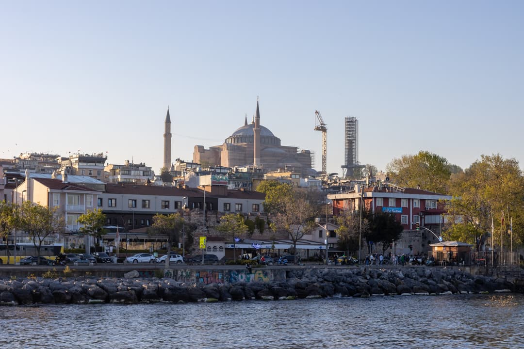 Distant view of Hagia Sophia rising above the Istanbul coastline