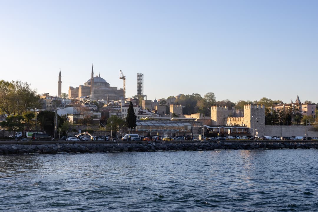 View of Hagia Sophia and the historic sea walls from the water