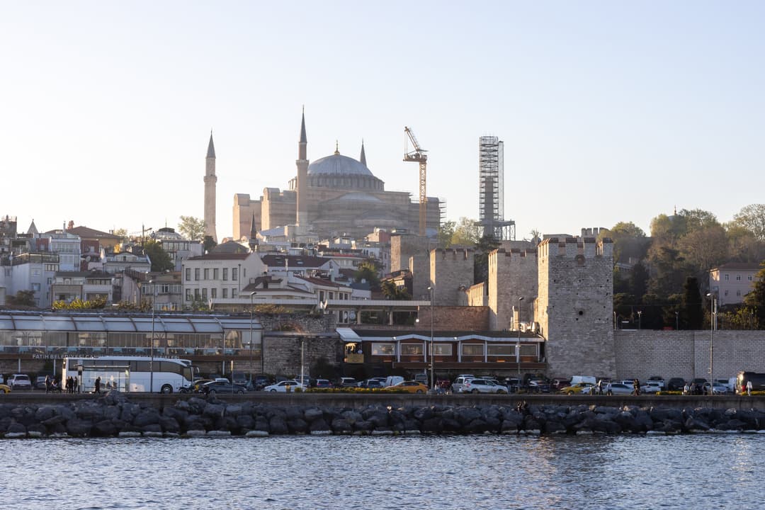 View of Hagia Sophia and ancient sea walls from the Marmara Sea.