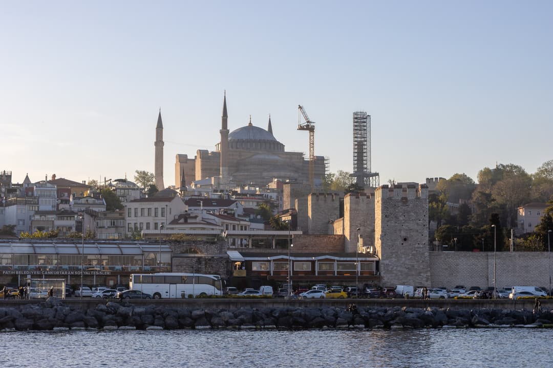 Hagia Sophia and historic sea walls seen from the Marmara Sea waterfront.