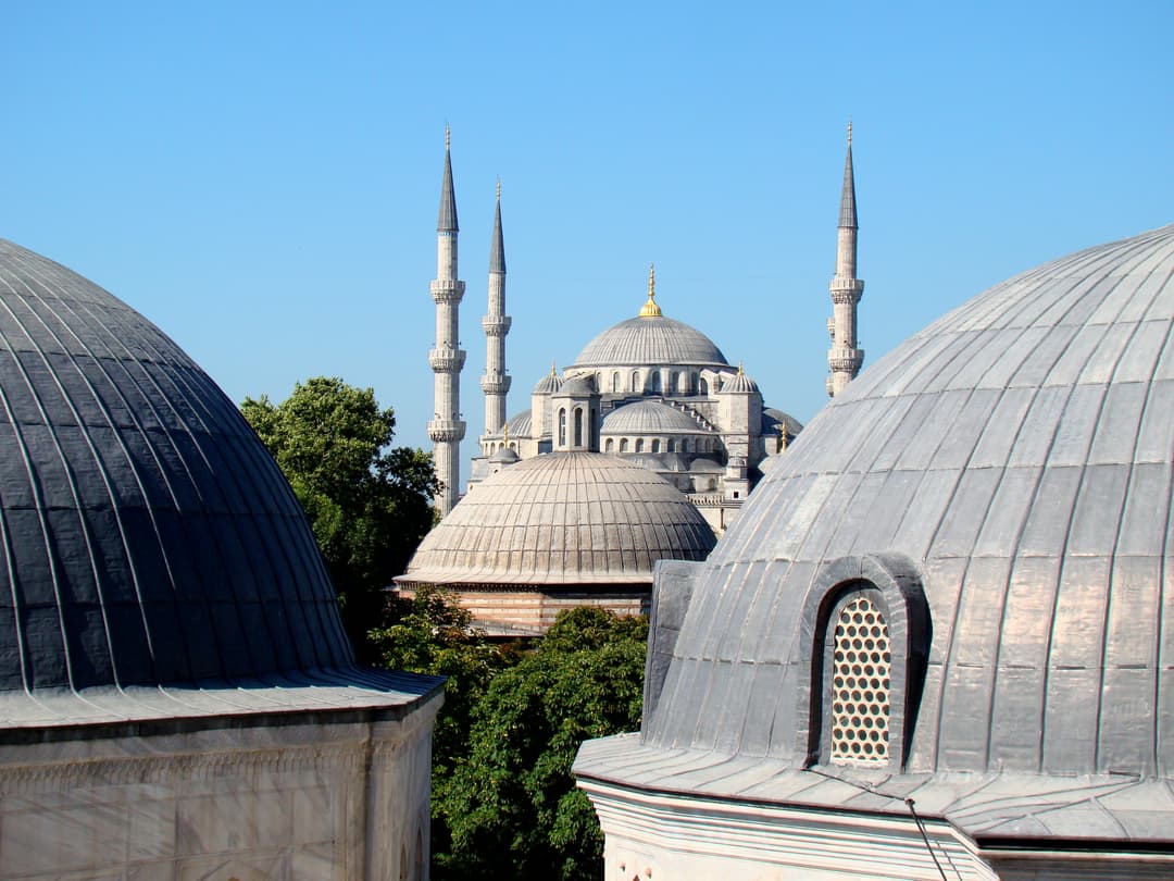 Sultan Ahmed Mosque domes and minarets framed by foreground domes