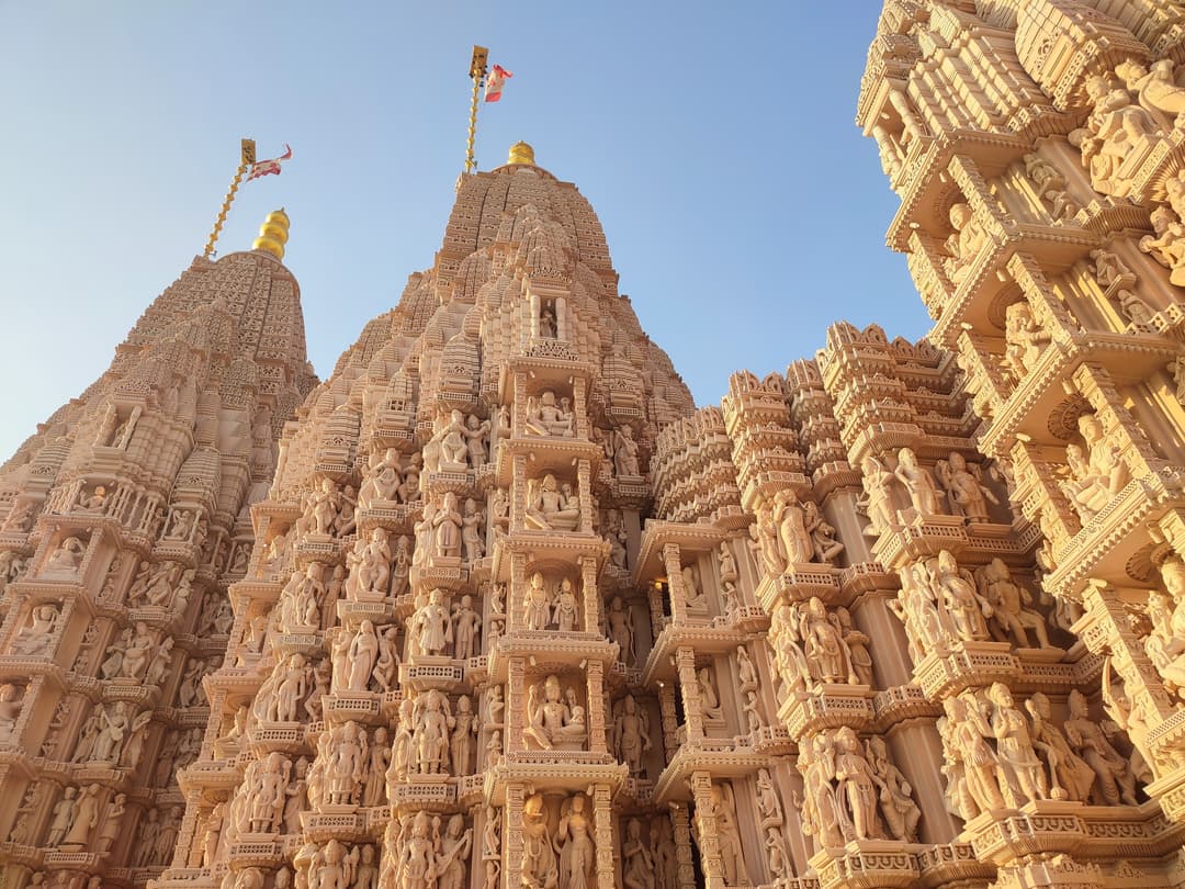 The temple illuminated at night.